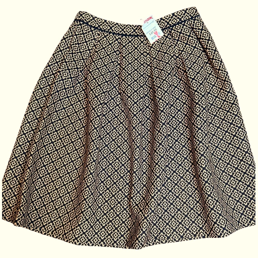 Champagne & Strawberry LARGE NEW Geometric Midi Skirt WomenBlack Beige Pleated